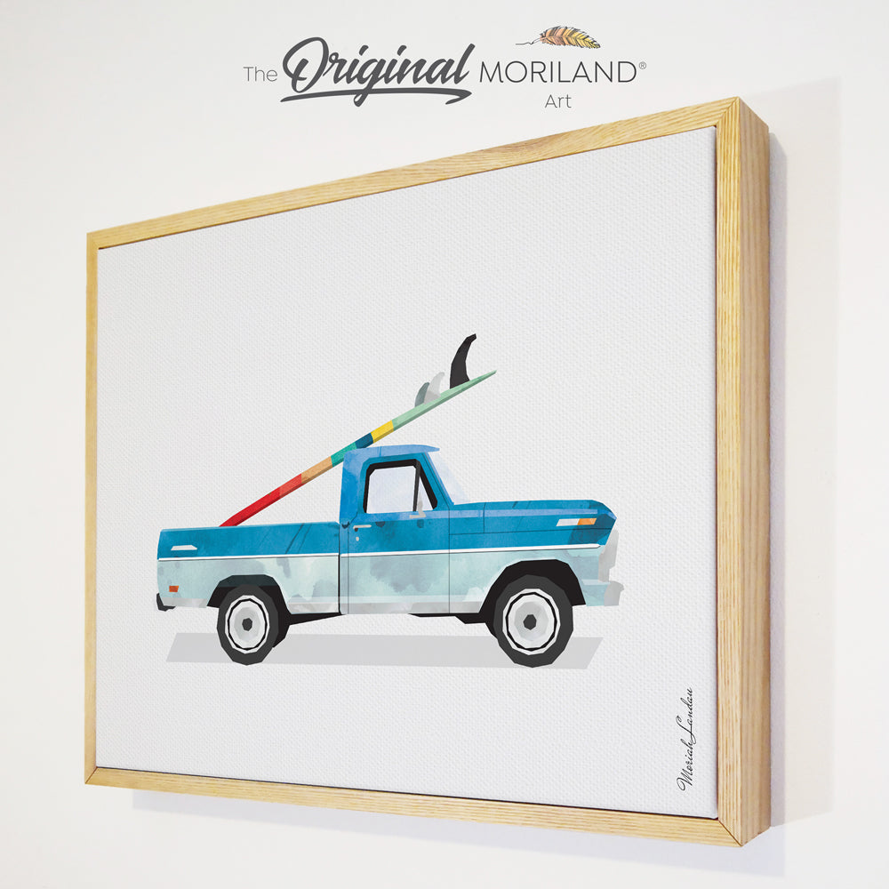 Pickup Truck with Surfboard - Framed Canvas Print