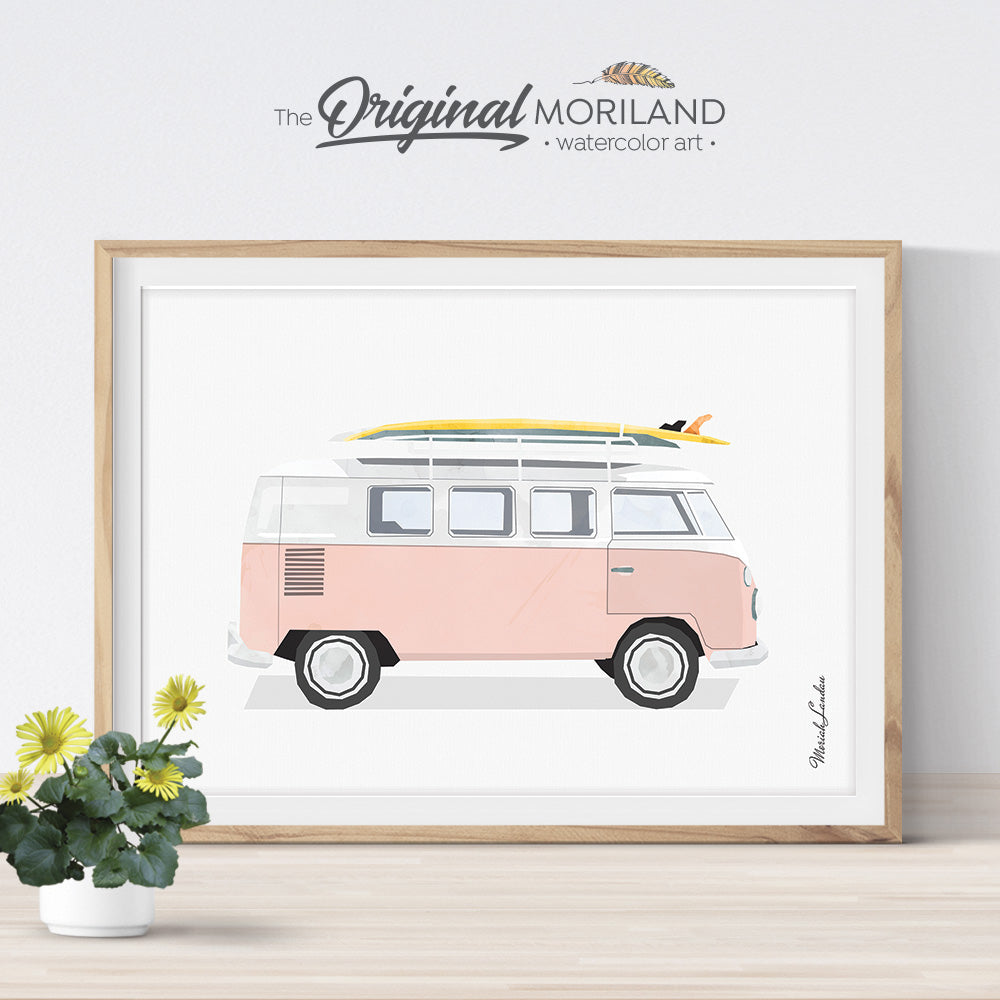 Pink VW Bus Wall Art Print for girls room decor