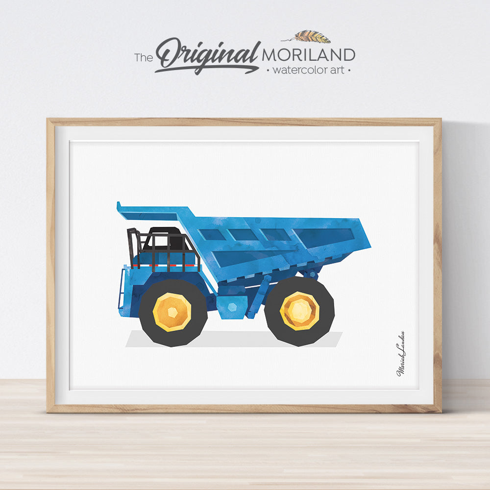 Dump truck watercolor wall art print for boy room and nursery decor