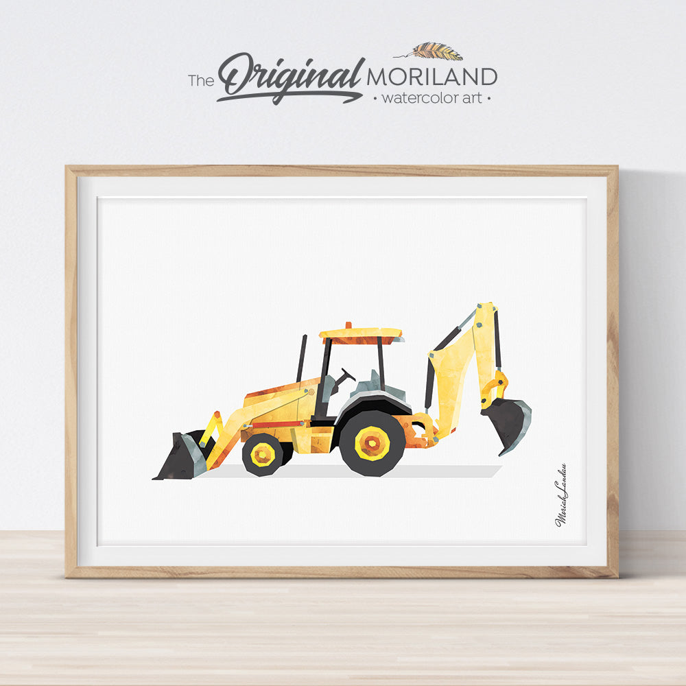 Backhoe digger watercolor print wall art for big boy room decor