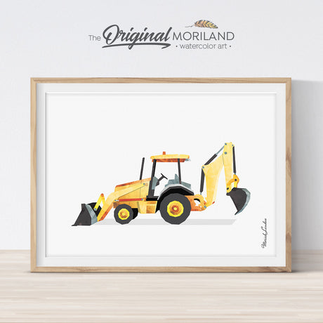 Backhoe digger watercolor print wall art for big boy room decor