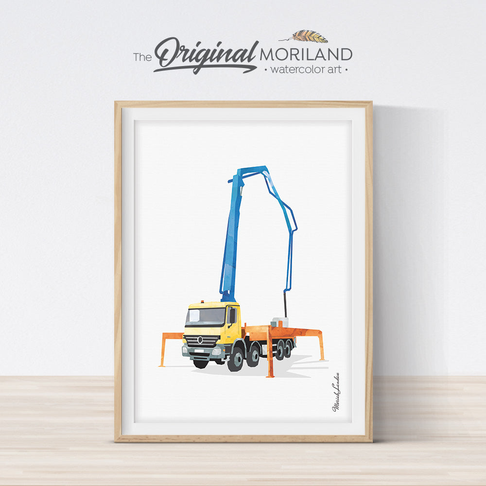 Concrete pump truck wall art print for boy room decor by MORILAND