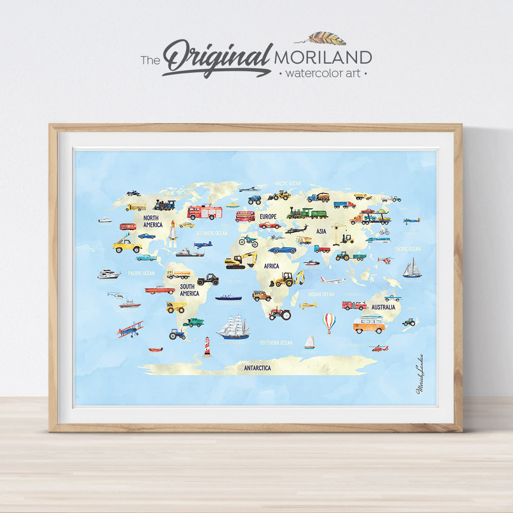 Watercolor world map wall art print for nursery