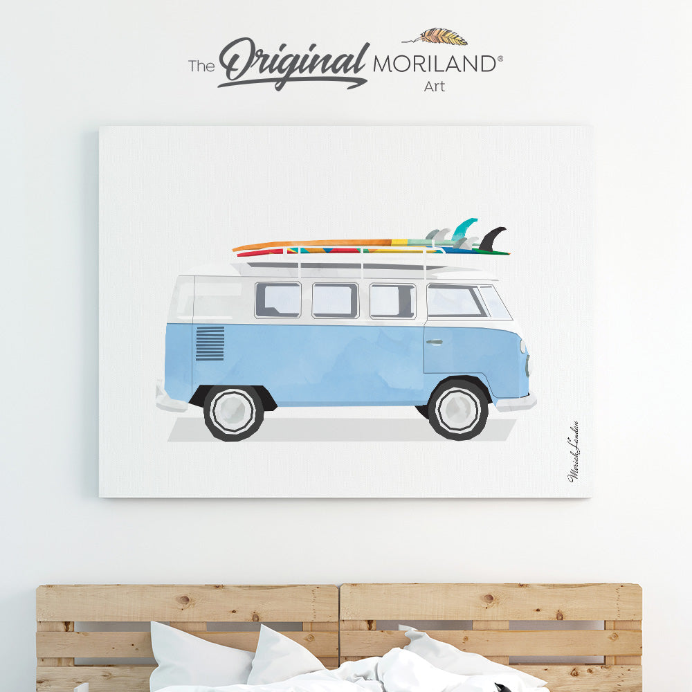 Baby Blue Van with Surfboard Canvas Print | Van Print, Classic Car Art, Boys Nursery Decor, Vintage Surf Printable, Girl Boy Room Wall Decor, Bus Decor, Surfboard, Surf Decor, Surfer Girl Wall Decor, Transportation Decor, Vehicle Print, Kids Wall Art by MORILAND