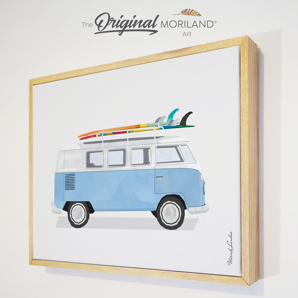 Baby Blue Van with Surfboard - Framed Canvas Print