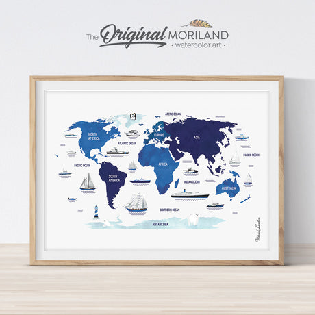 Blue Navy Nautical World Map Print for Boy Nursery Decor