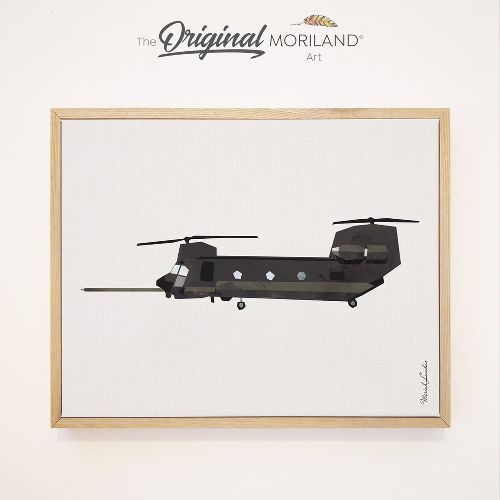 Dark Gray Army Helicopter - Framed Canvas Print | Helicopter Wall Art, Army Helicopter, Helicopter Print, Big Boys Wall Art, Helicopter Decor, Printable Art, Vehicle Print, Kids Poster by MORILAND