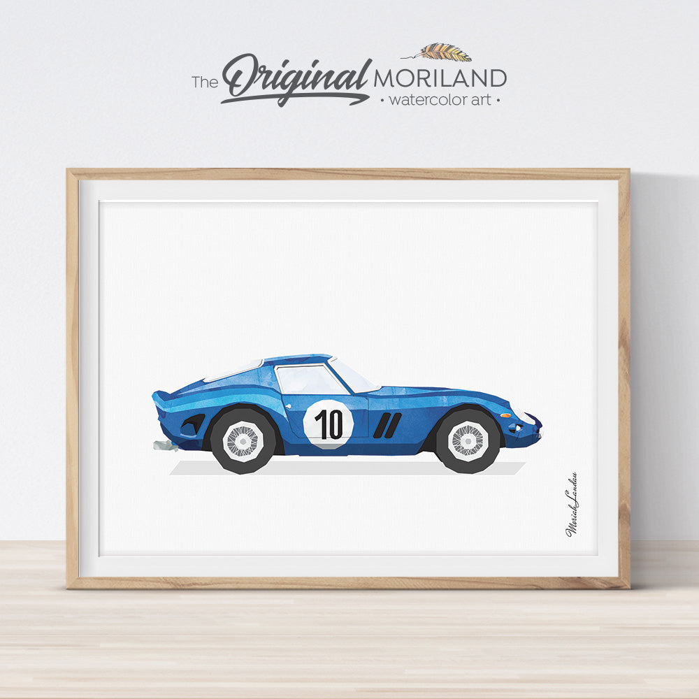 Blue Ferrari race car wall art print for toddler boy room decor