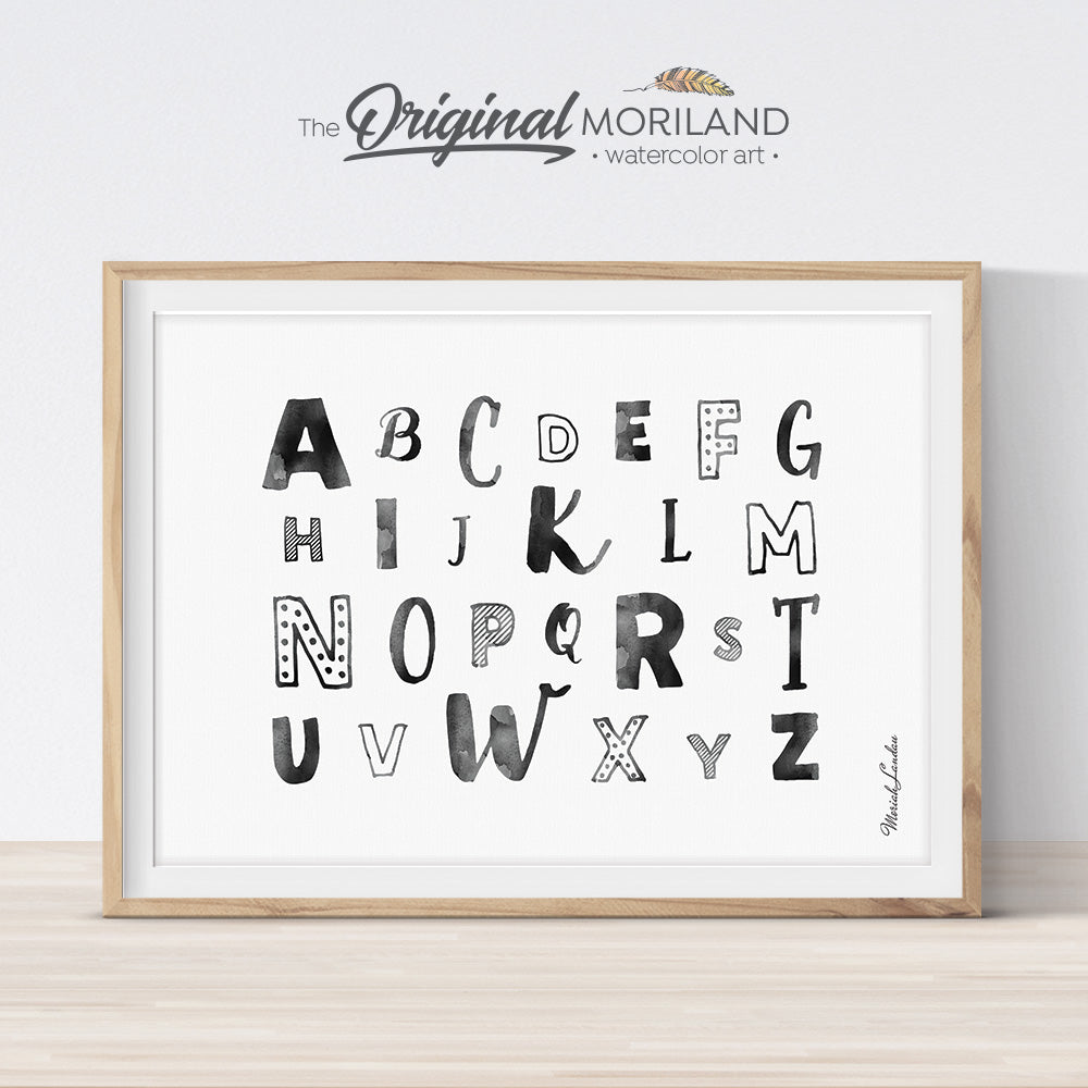 black and white watercolor alphabet wall art print for kids room decor