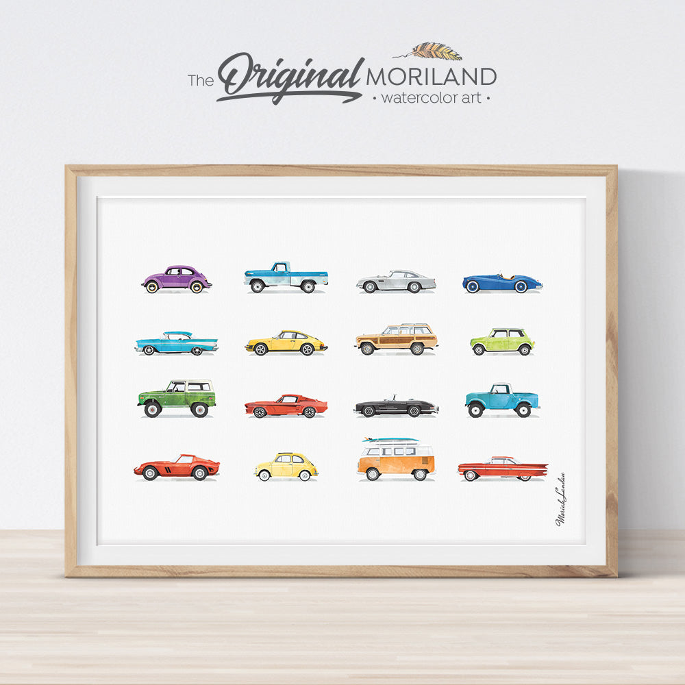 classic cars wall art poster in watercolor for boys room decor