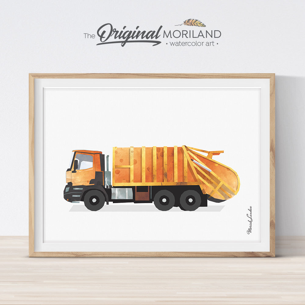 Orange garbage truck watercolor print wall art for nursery and boy bedroom decor