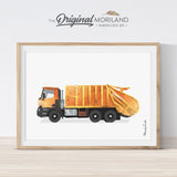 Orange garbage truck watercolor print wall art for nursery and boy bedroom decor