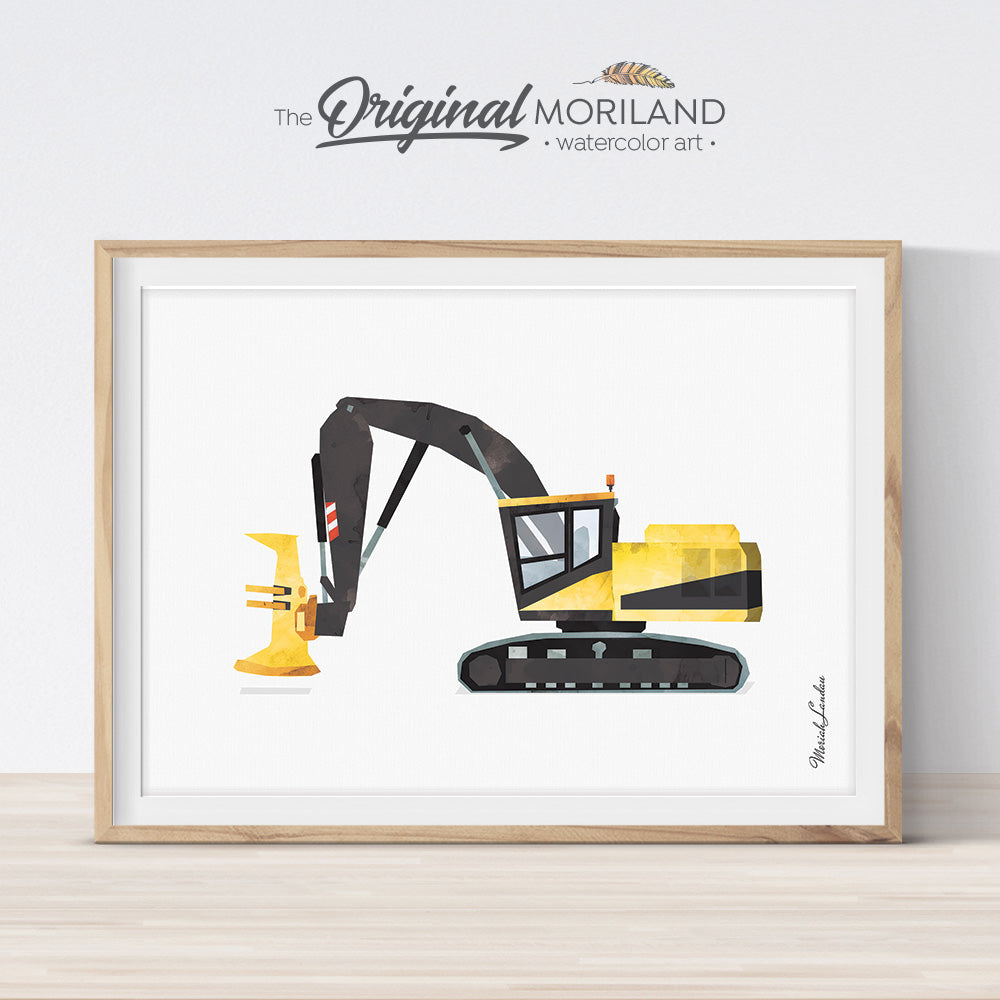 Feller Buncher Harvester watercolor construction wall art print for boy room and nursery decor