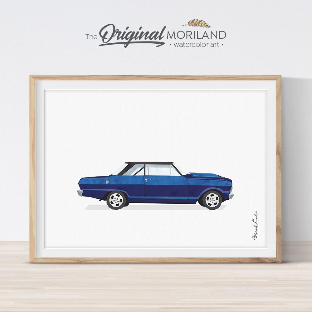 blue muscle car art print Chevy for boy bedroom decor