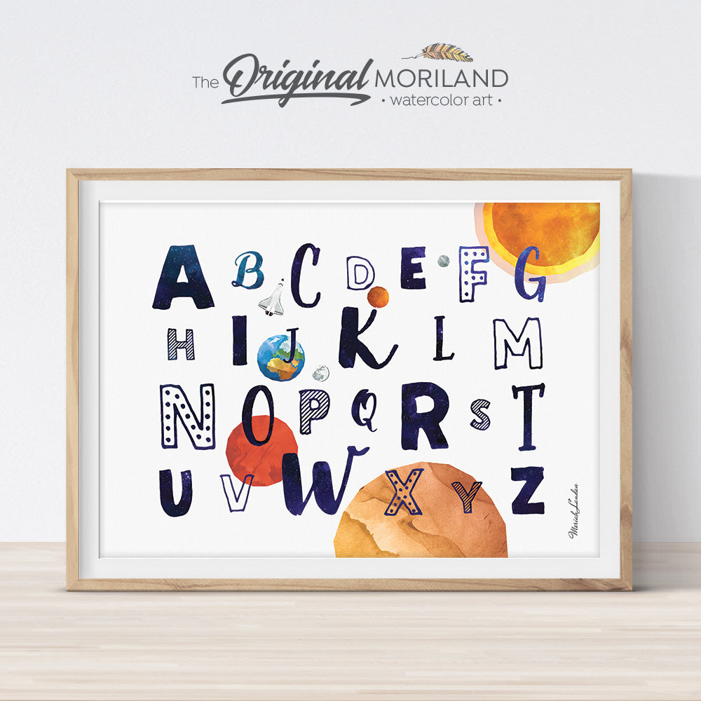 Space Alphabet Wall Art Print for boy and girl room decor 