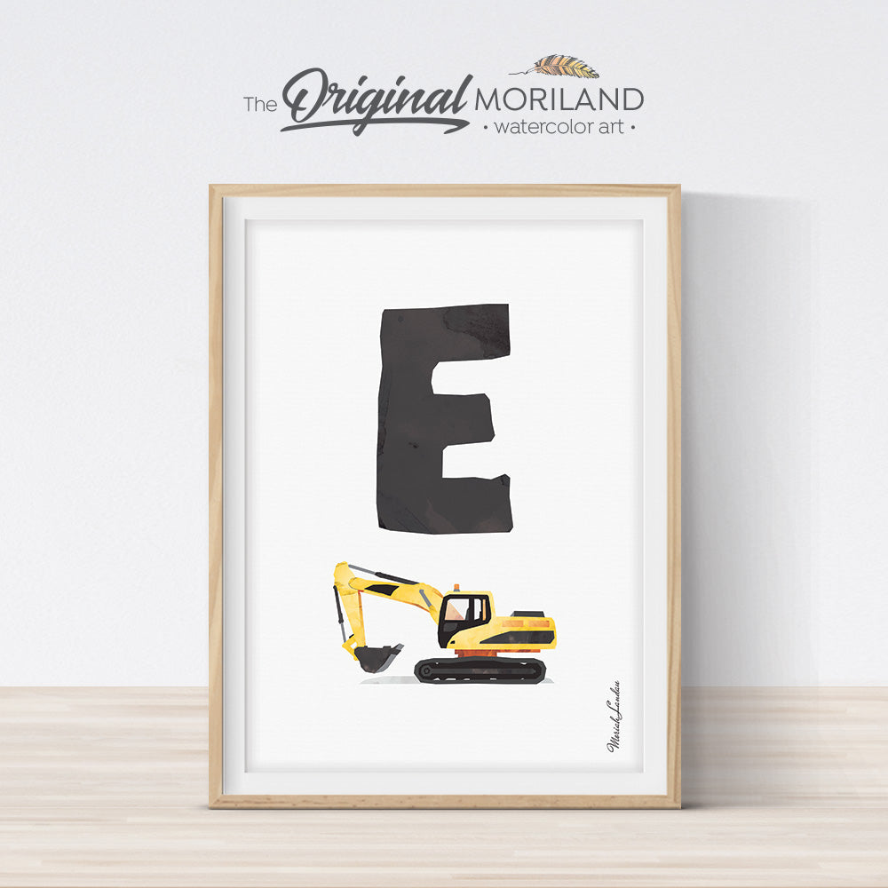 transportation Alphabet letter E excavator digger print for boy and nursery decor