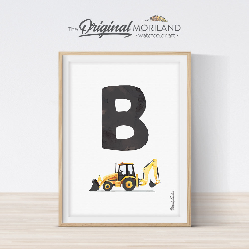transportation Alphabet letter B Backhoe digger print for boy and nursery decor