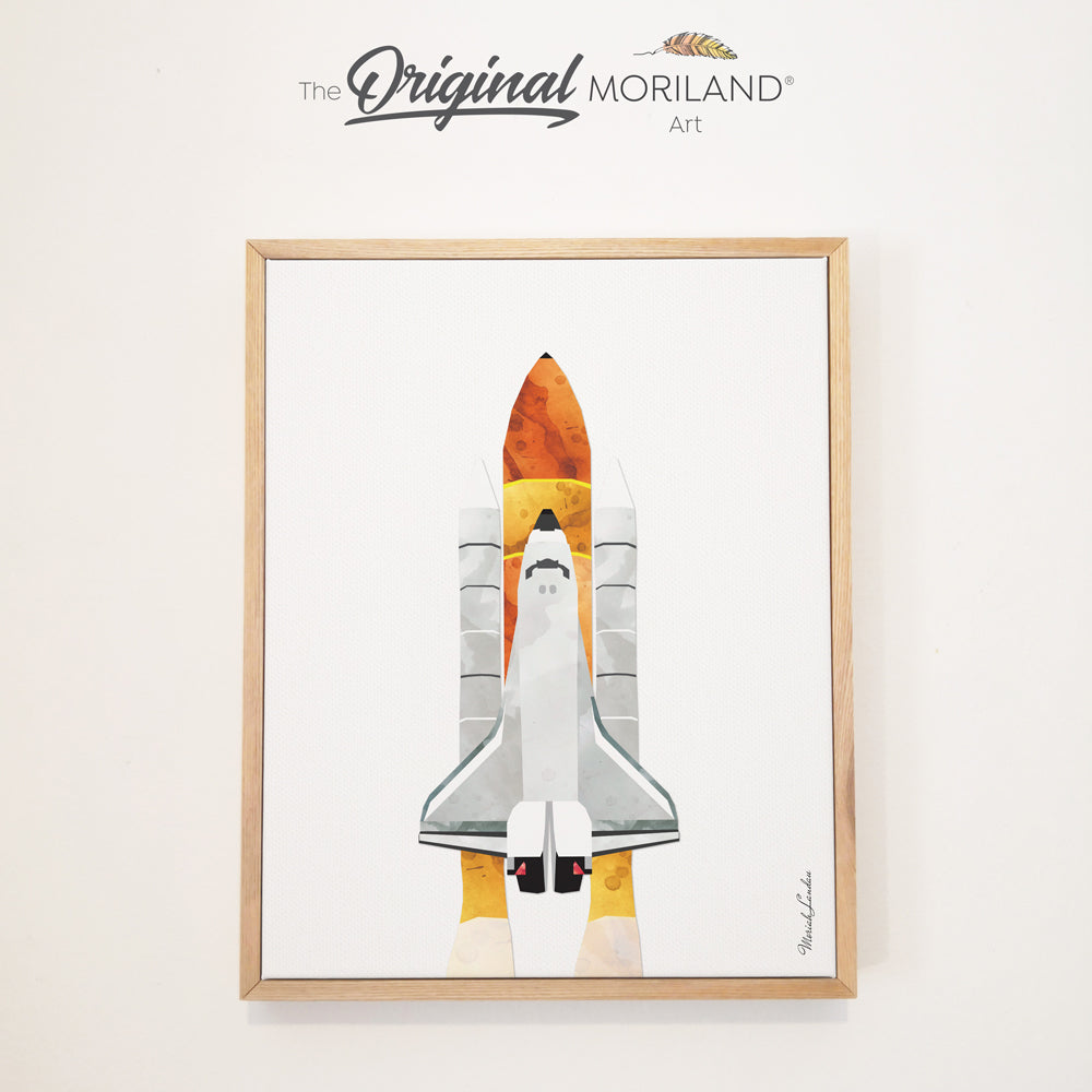 Space Shuttle | Vertical - Framed Canvas Print | Space Print, Space Wall Art, Space Bedroom Wall Decor, Space Shuttle Print, Robot Wall Art, Space Nursery, Kids Poster by MORILAND