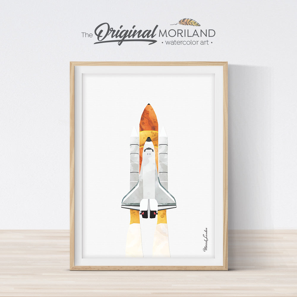 Space shuttle watercolor wall art print for big boy girl room and nursery decor 