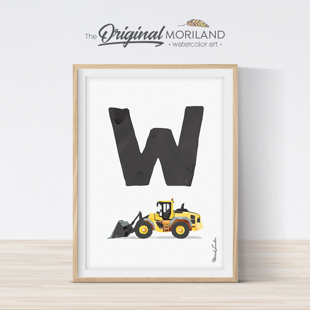 transportation Alphabet letter W Wheel Loader print for boy and nursery decor