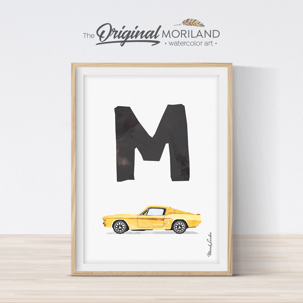 Letter M classic car print wall art preschool and kids room decor