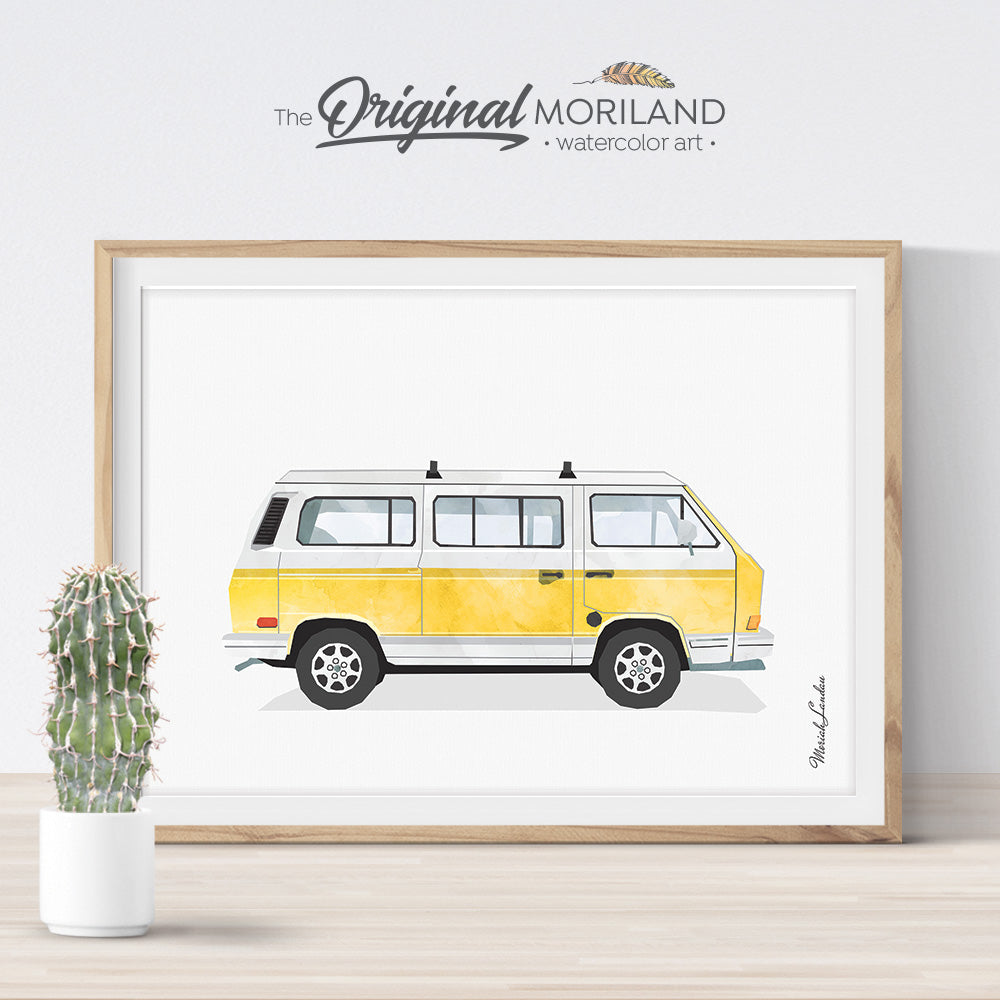 Vintage Yellow Van Wall Art Print for kids room decor