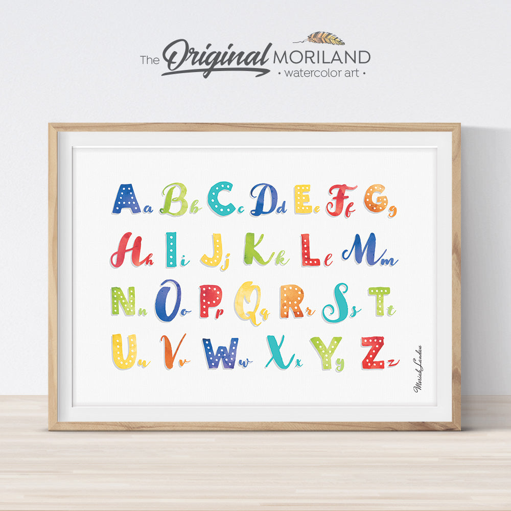 watercolor multicolor Alphabet poster print for kids room decor