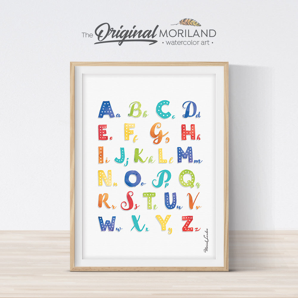 watercolor multicolor Alphabet poster print for kids room decor