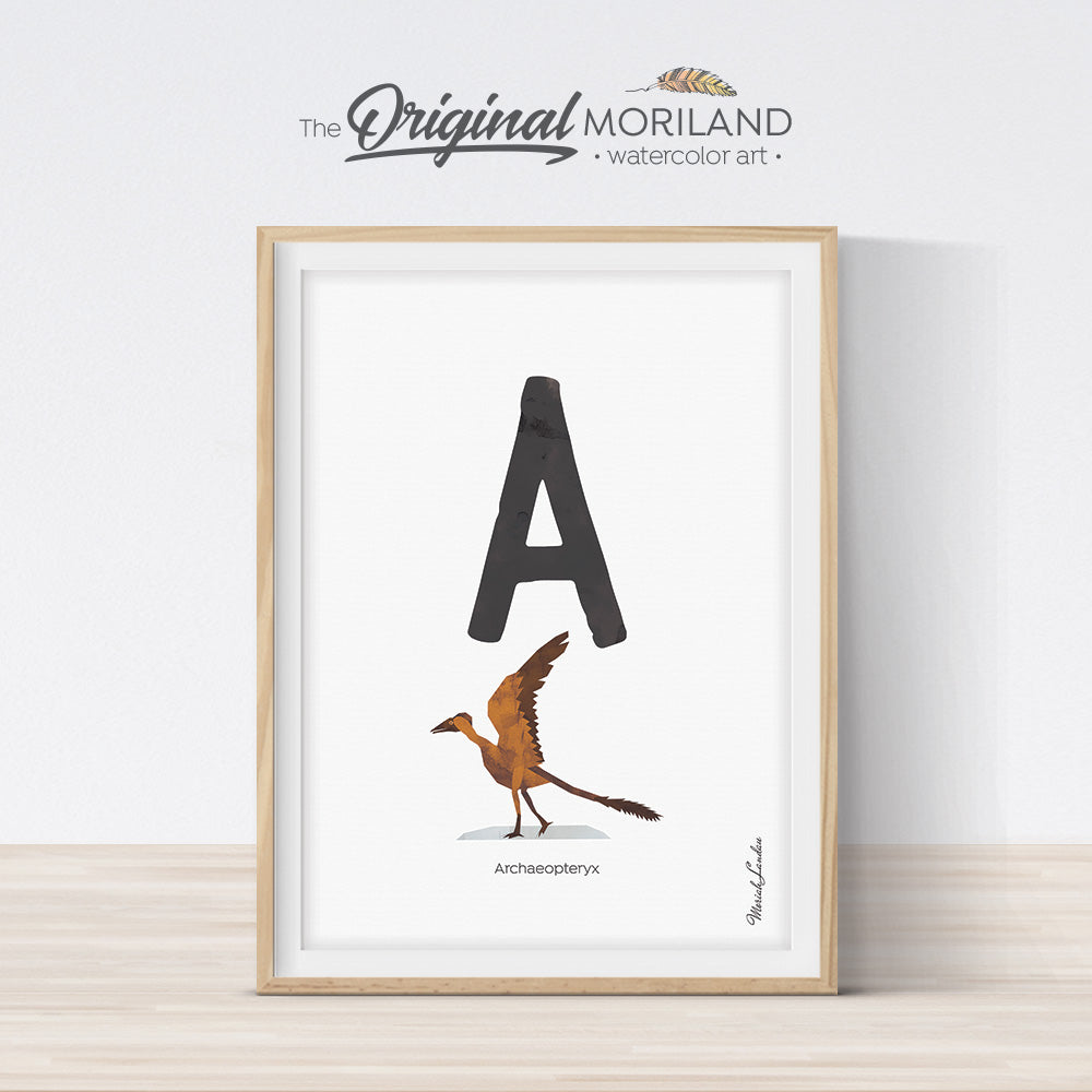 Dinosaur alphabet wall art print for boy room decor, letter A