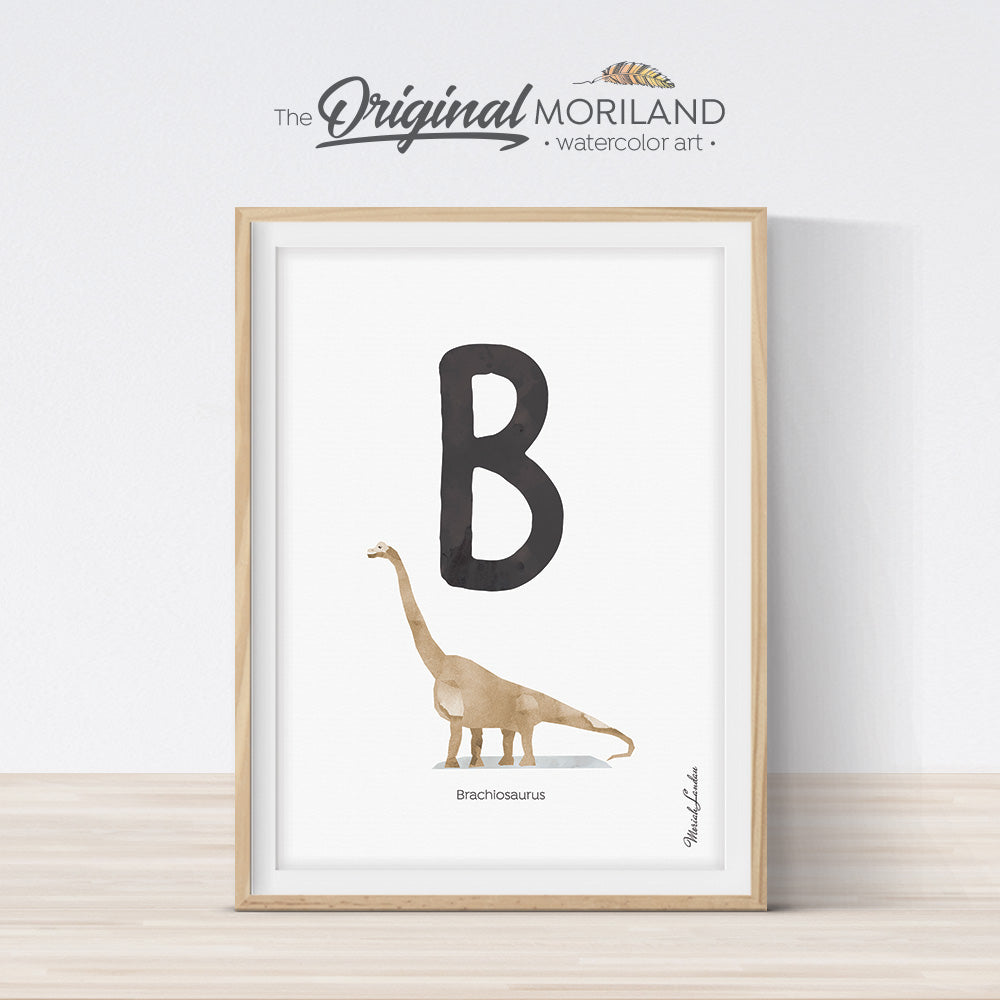 Watercolor Dinosaur Alphabet letter B wall art print for big boy room decor - by MORILAND