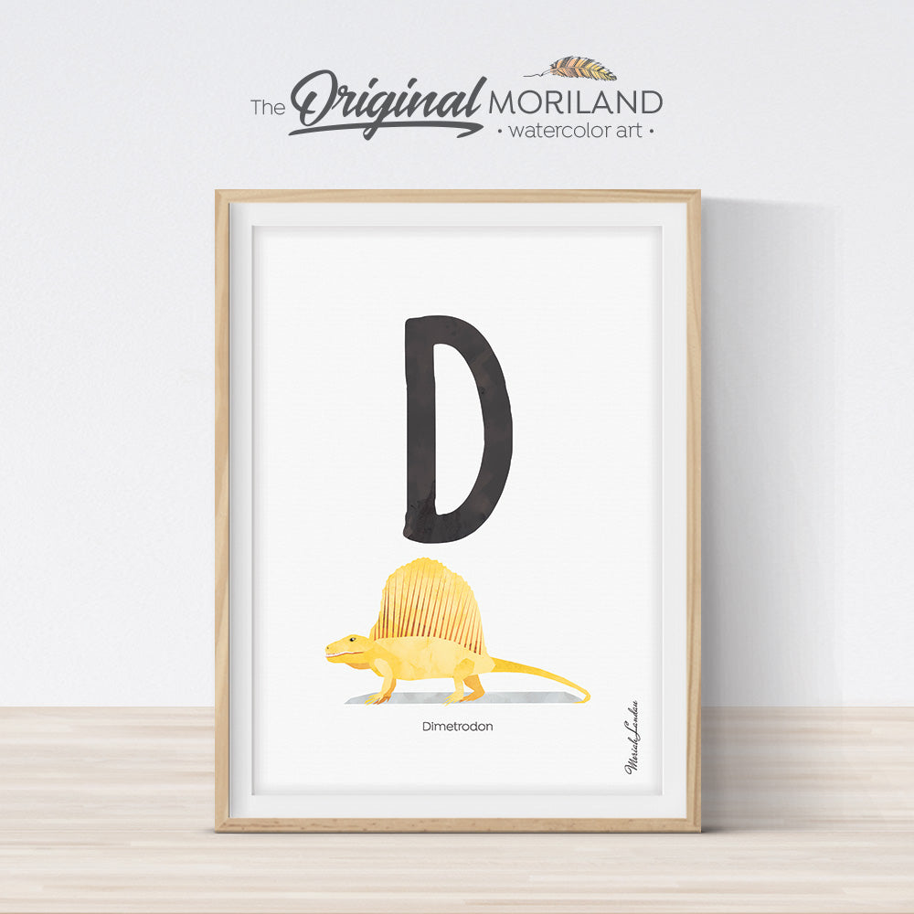 Watercolor Dinosaur Alphabet letter D wall art print for big boy room decor - by MORILAND