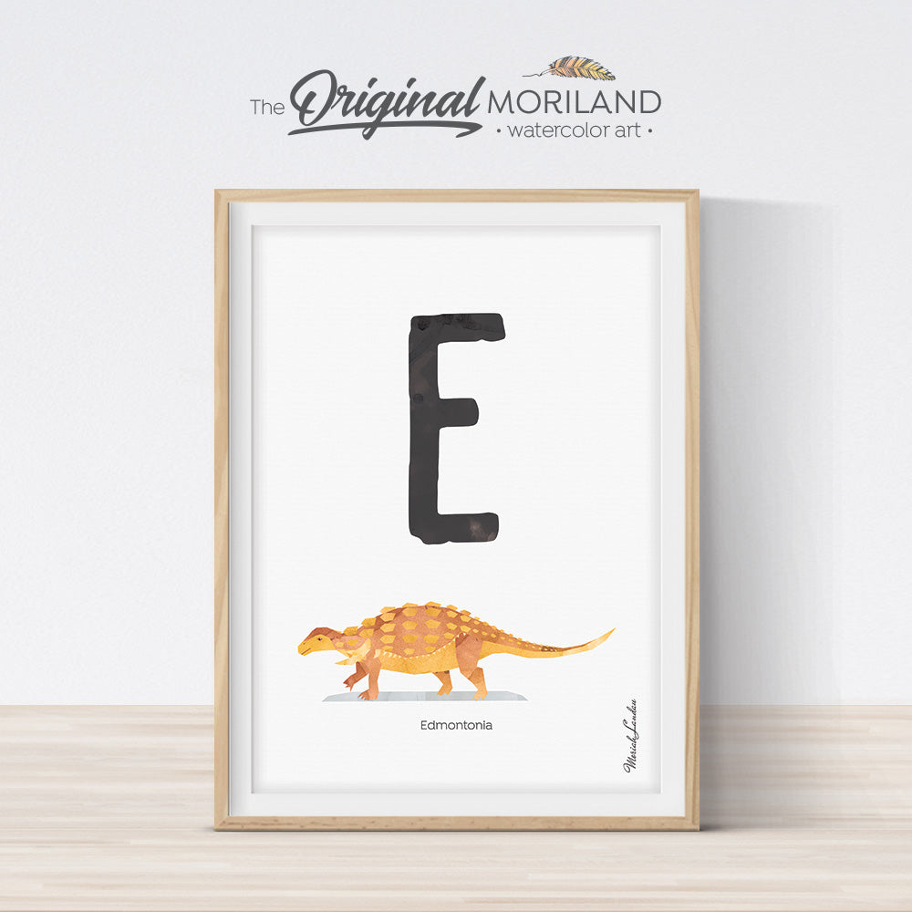 Dinosaur alphabet wall art print for boy room decor, letter E