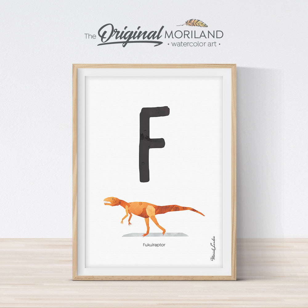 Watercolor Dinosaur Alphabet letter F wall art print for big boy room decor - by MORILAND