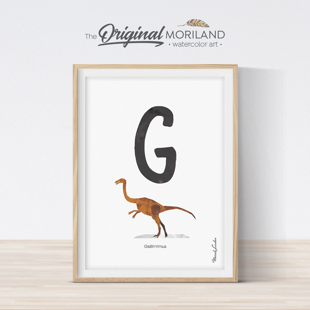 Watercolor Dinosaur Alphabet letter G wall art print for big boy room decor - by MORILAND