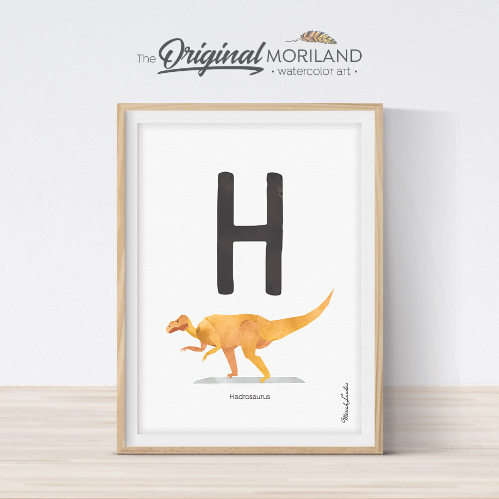 Watercolor Dinosaur Alphabet letter H wall art print for big boy room decor - by MORILAND
