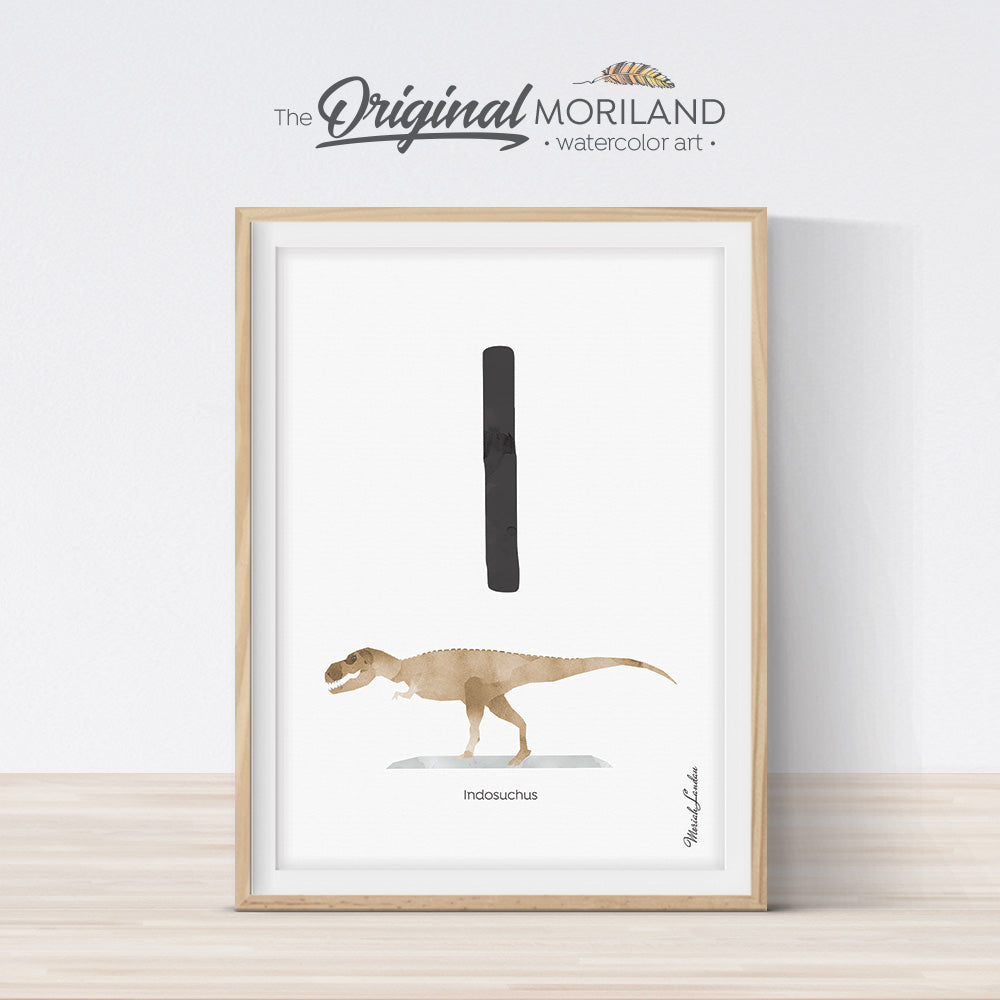 Watercolor Dinosaur Alphabet letter I wall art print for big boy room decor - by MORILAND
