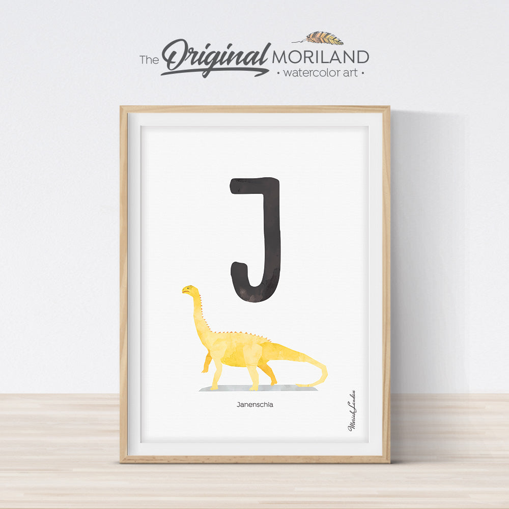 Watercolor Dinosaur Alphabet letter J wall art print for big boy room decor - by MORILAND