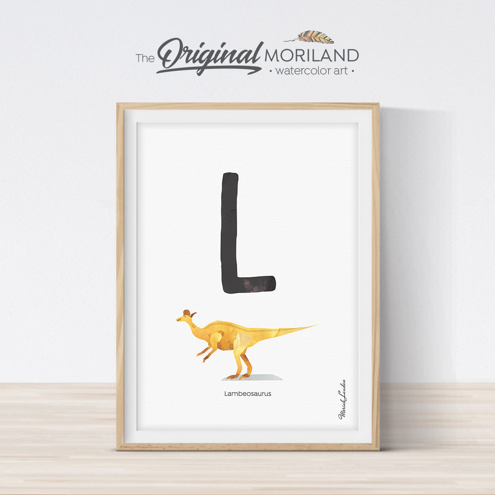 Dinosaur alphabet wall art print for boy room decor, letter L