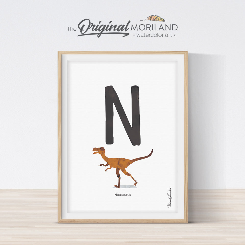 Watercolor Dinosaur Alphabet letter N wall art print for big boy room decor - by MORILAND