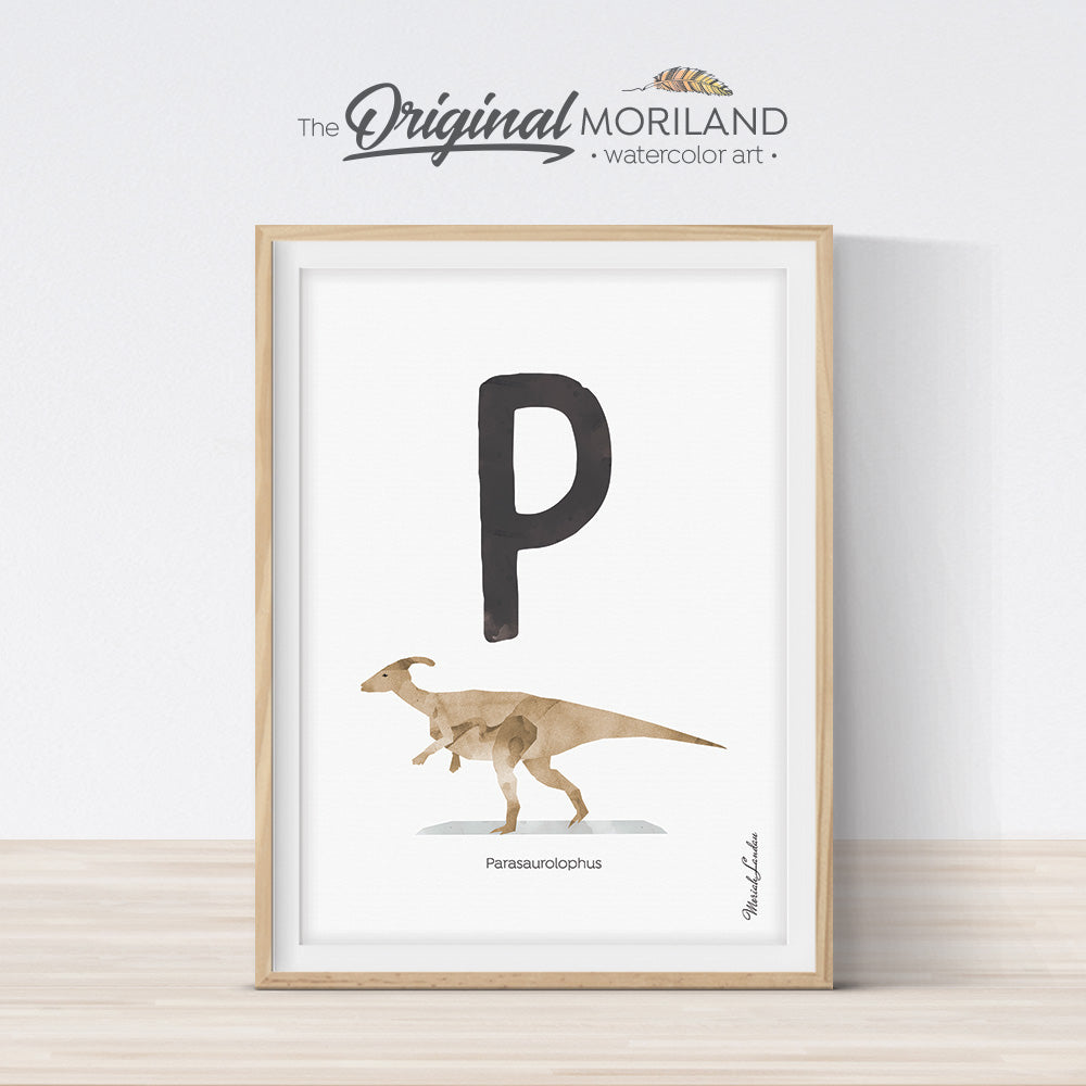 Watercolor Dinosaur Alphabet letter P wall art print for big boy room decor - by MORILAND