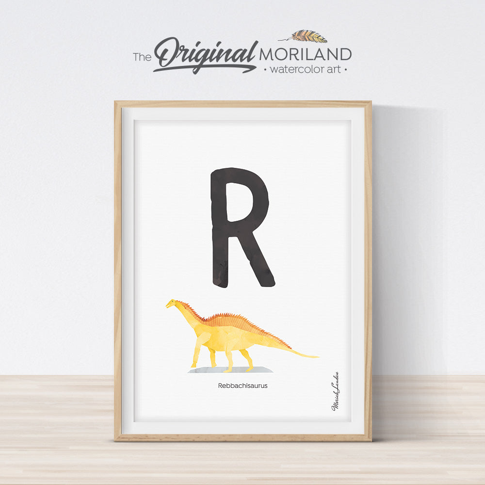 Dinosaur alphabet wall art print for boy room decor, letter R