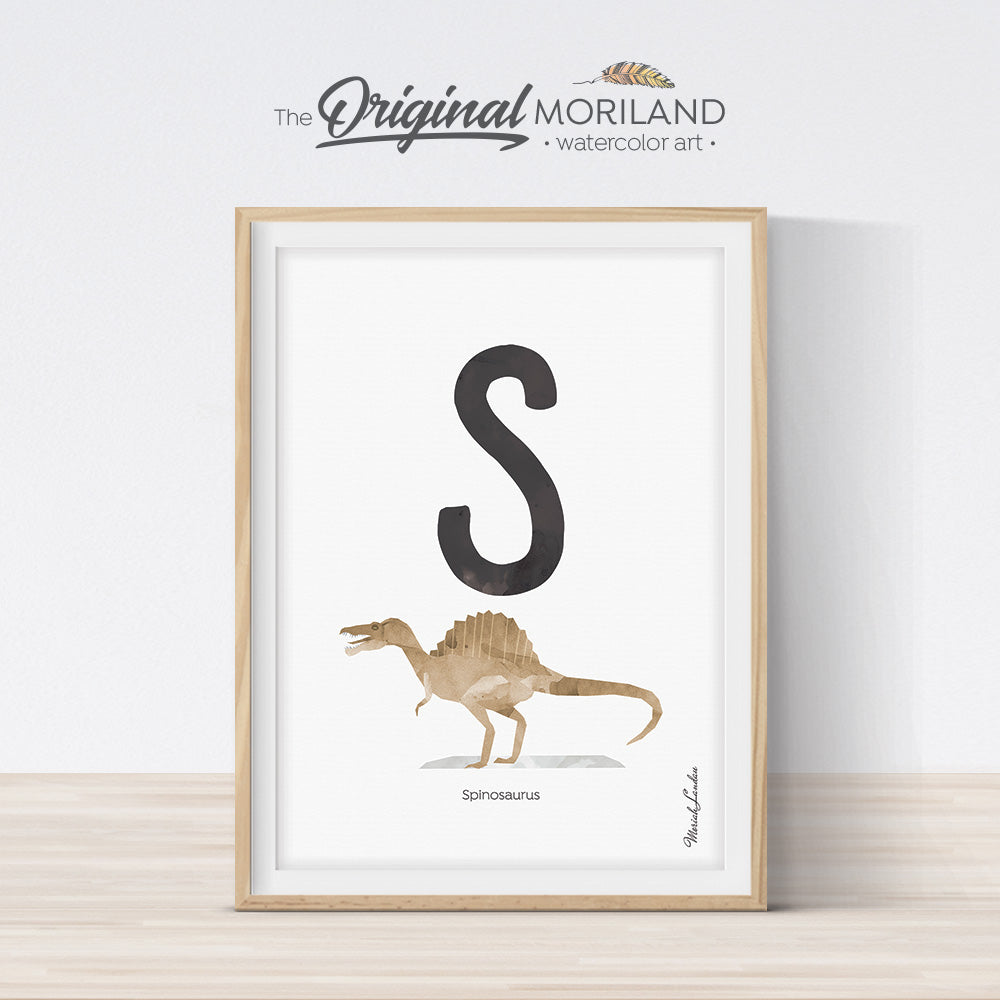 Watercolor Dinosaur Alphabet letter S Spinosaurus wall art print for big boy room decor - by MORILAND