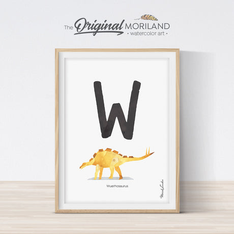 Dinosaur alphabet wall art print for boy room decor, letter W