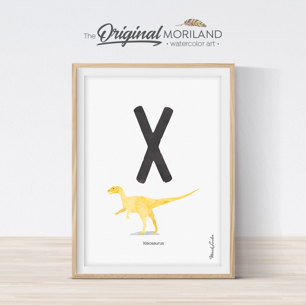 Watercolor Dinosaur Alphabet letter X wall art print for big boy room decor - by MORILAND