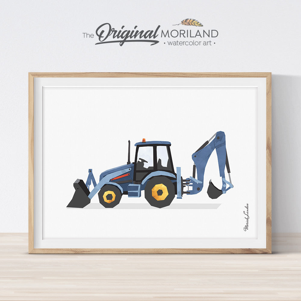 Backhoe digger watercolor print wall art for big boy room decor