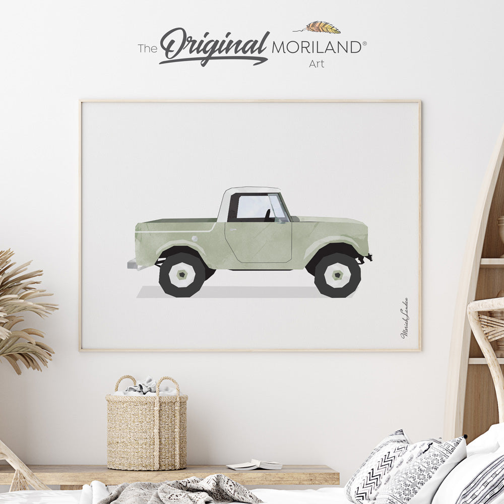 Sage Green Old Timer Pick Truck Fine Art Paper Print for boy bedroom by MORILAND