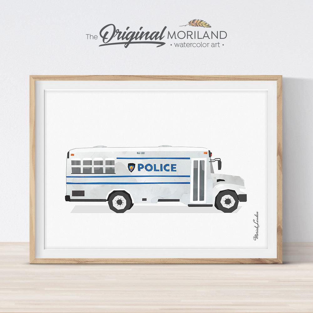Police bus watercolor Print Printable Art for boys room decor