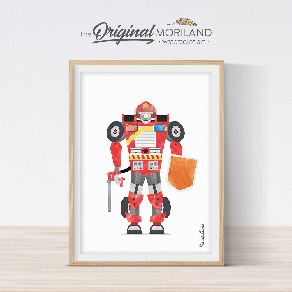 watercolor fire truck robot print for boy room decor 
