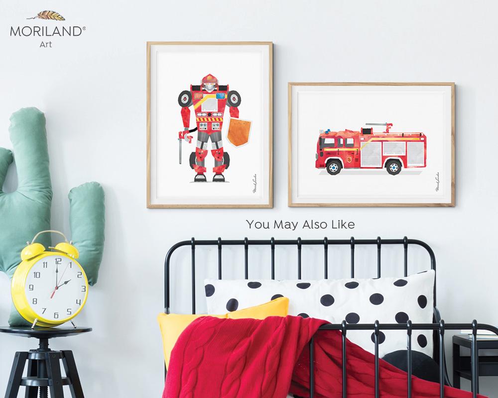 watercolor fire truck robot print for boy room decor 