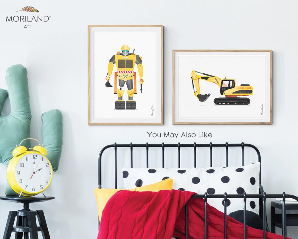 watercolor construction truck robot print for boy room decor 